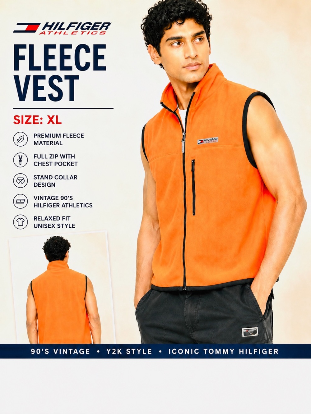 Hilfiger Athletics Bright Orange Fleece Vest - Men's Full Zip